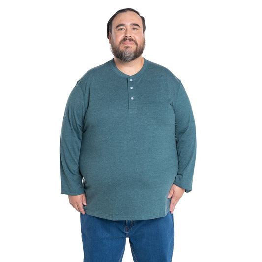Polera Hombre Manga Larga Jersey Cuello Redondo con Botones verde petróleo