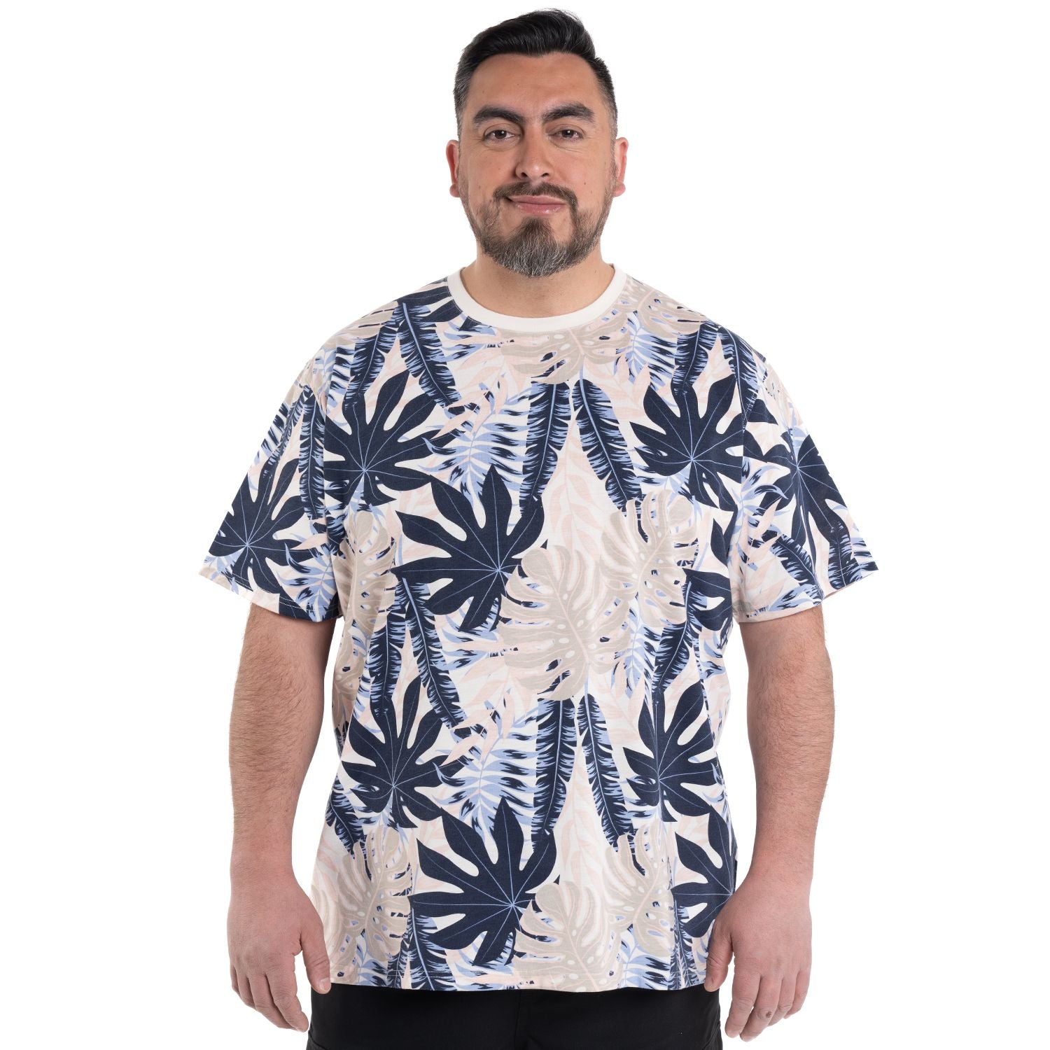 Polera Hombre Cuello Redondo Beige Diseño de Hojas