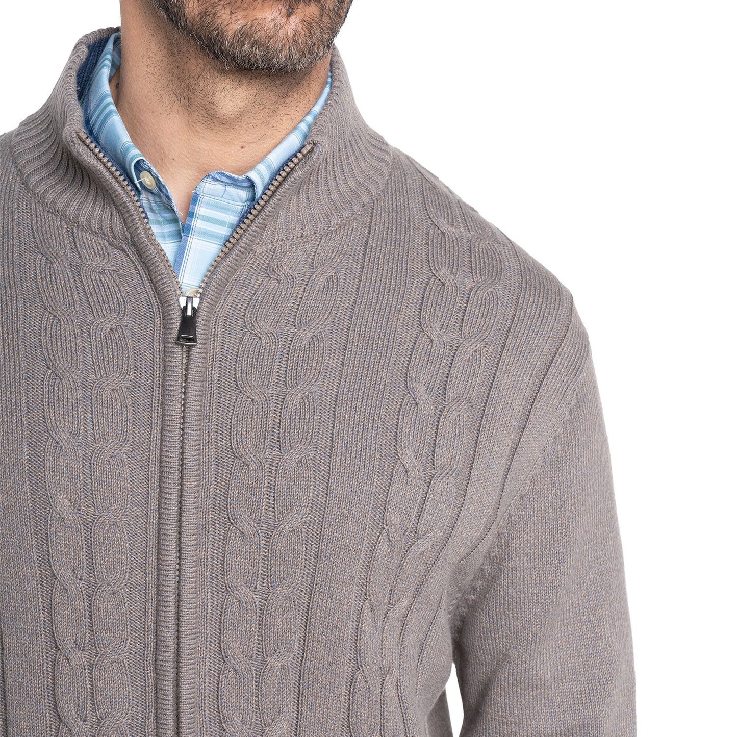 Sweater Hombre Cierre Completo Trenzado con Bolsillos Cafe