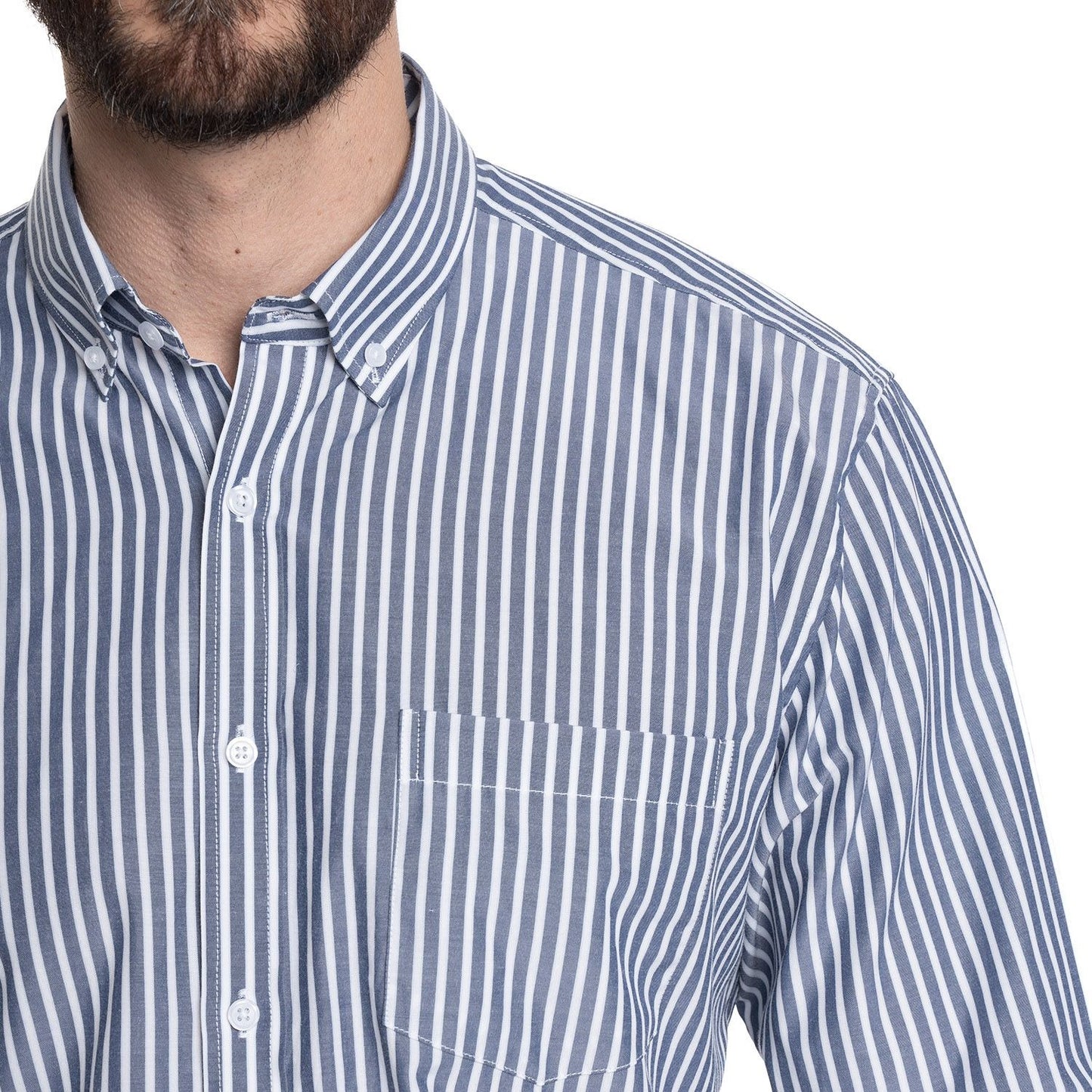 Camisa Hombre Listada Premium Cuello Semi Italiano Celeste Medio - Sensez