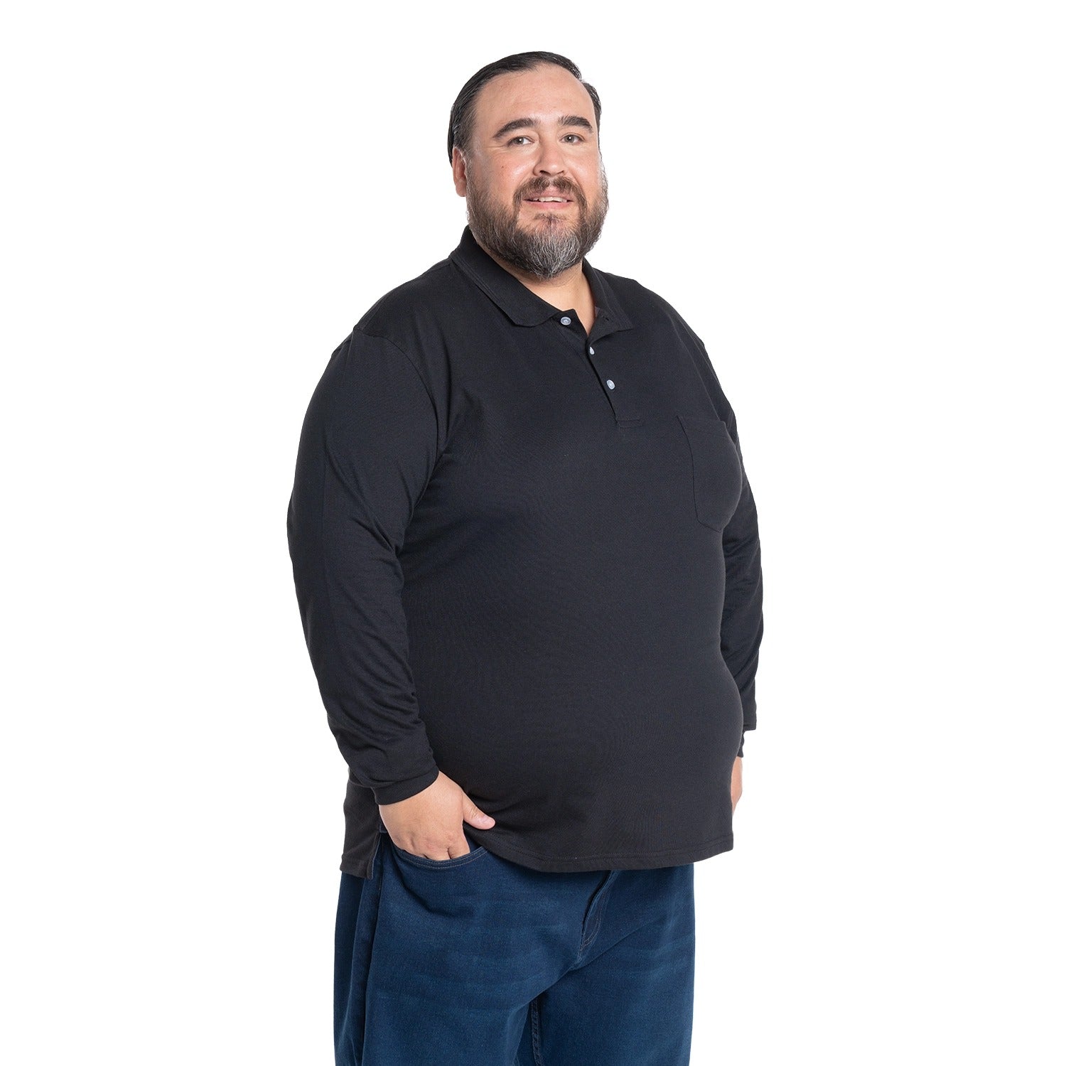 Polera Hombre Jersey Pique Manga Larga Cuello Polo Negro - Sensez