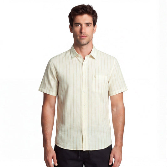Camisa Hombre Manga Corta Lino Listada Blanco