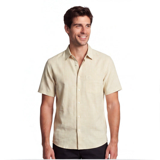 Camisa Hombre Manga Corta Lino Listada Beige