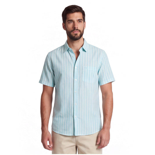 Camisa Hombre Manga Corta Lino Listada Celeste
