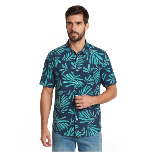 Camisa Hombre Manga Corta Viscosa Diseño Turquesa
