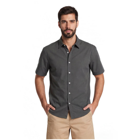 Camisa Hombre Manga Corta Lyocell Lisa Gris Medio