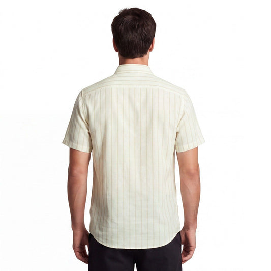 Camisa Hombre Manga Corta Lino Listada Blanco