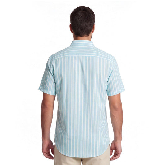 Camisa Hombre Manga Corta Lino Listada Celeste