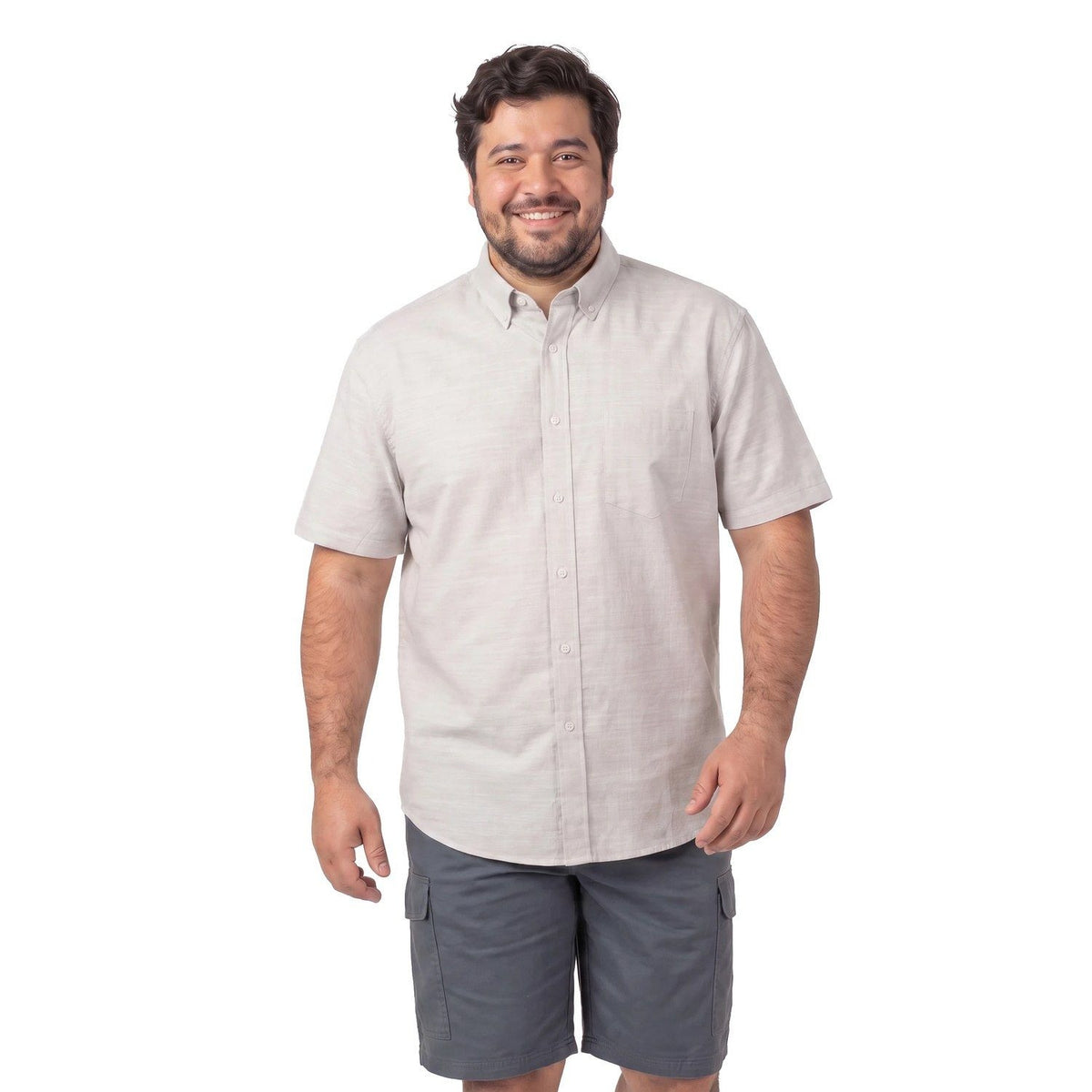 Camisa Hombre Look Lino Manga Corta Beige Claro