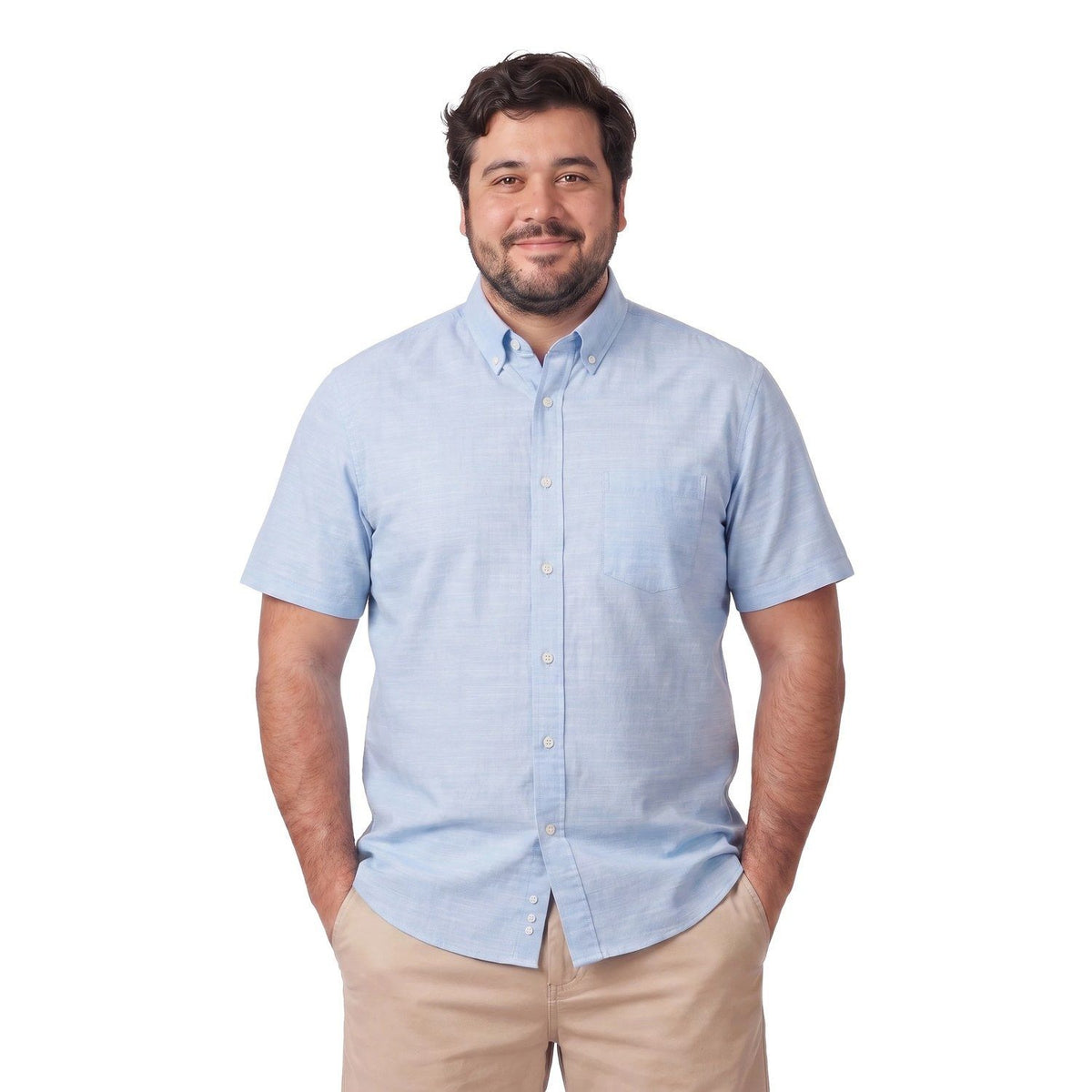 Camisa Hombre Look Lino Manga Corta Celeste