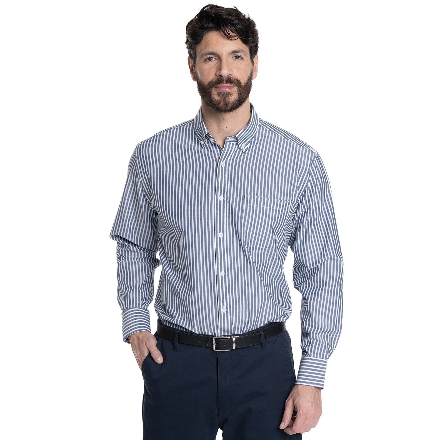 Camisa Hombre Listada Premium Cuello Semi Italiano Celeste Medio - Sensez