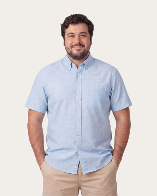 Camisa Hombre Look Lino Manga Corta Celeste