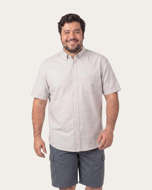 Camisa Hombre Look Lino Manga Corta Beige Claro