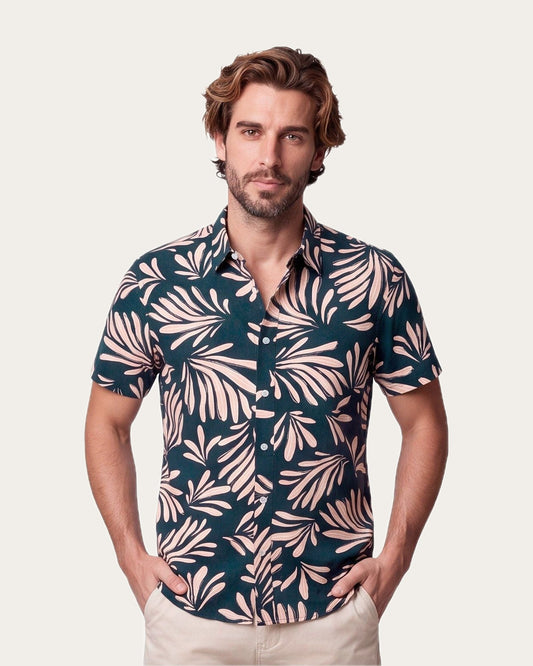 Camisa Hombre Manga Corta Viscosa Diseño Damasco